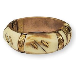 Vintage India Cuff Bracelet Inlaid Brass Leaf Copper Wide Carved Bos Taurus Bone
